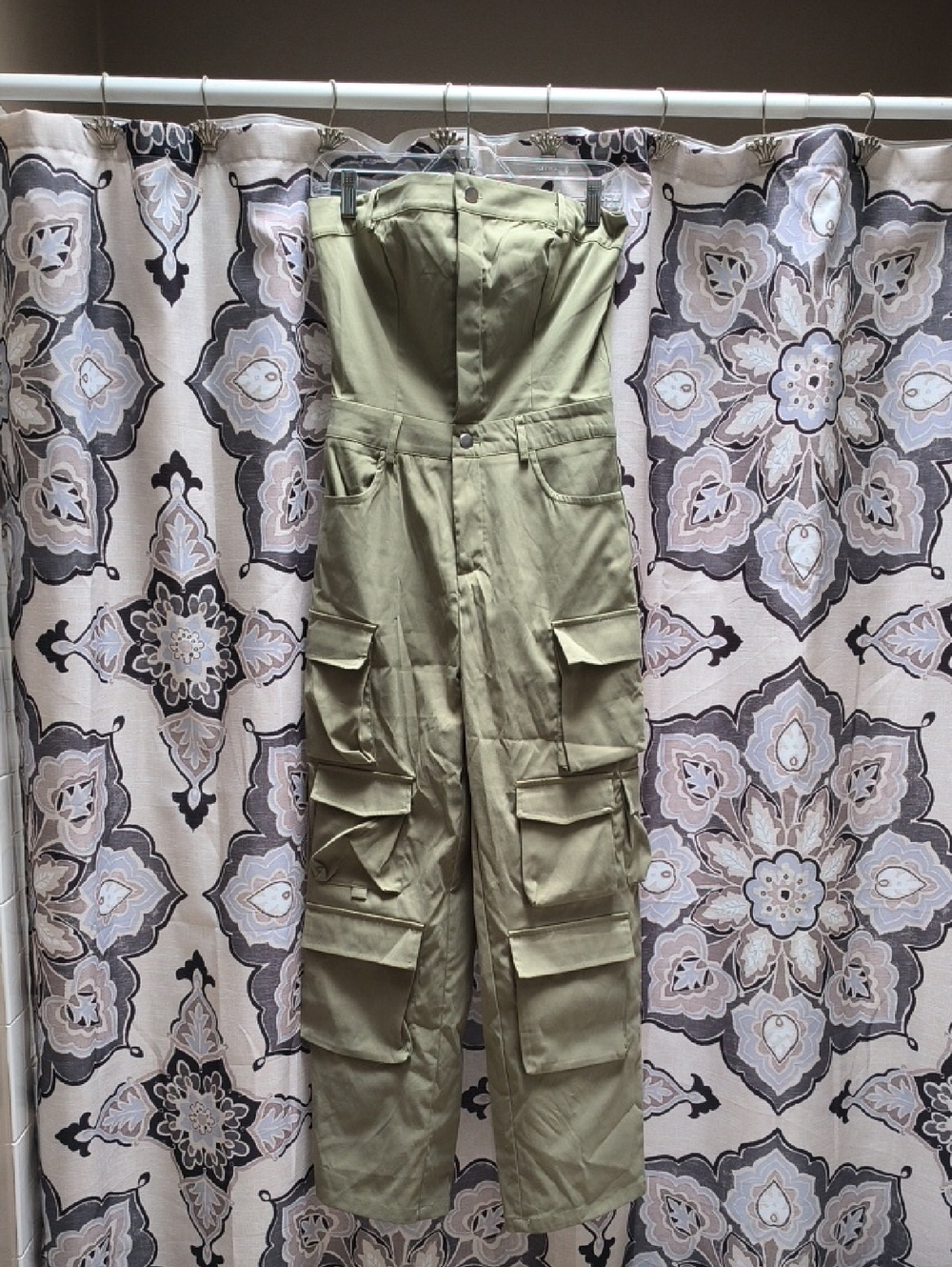 Olive Cargo Utility Jumpsuit- Strapless High-Waist Style